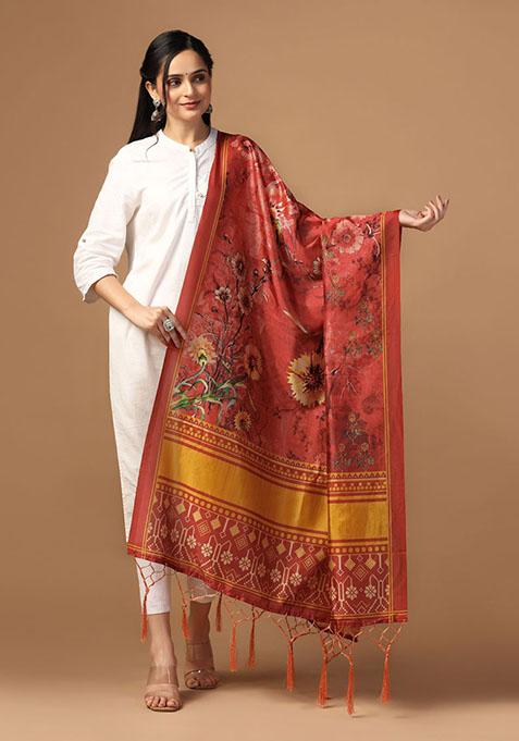 Multicolour Printed Assam Silk Dupatta