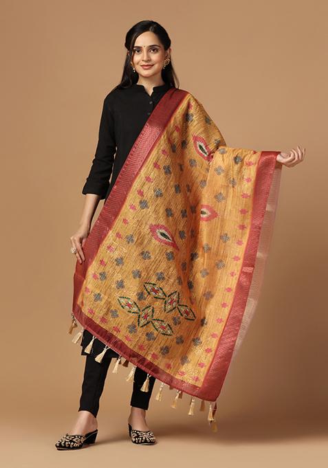 Mustard Printed Sequin Embroidered Chanderi Silk Dupatta