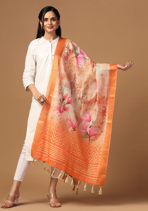 Peach Printed Sequin Embroidered Chanderi Silk Dupatta