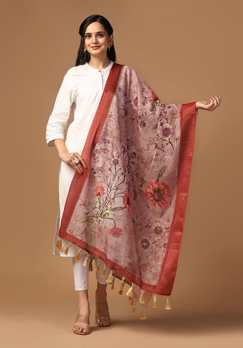 Marron Printed Sequin Embroidered Chanderi Silk Dupatta