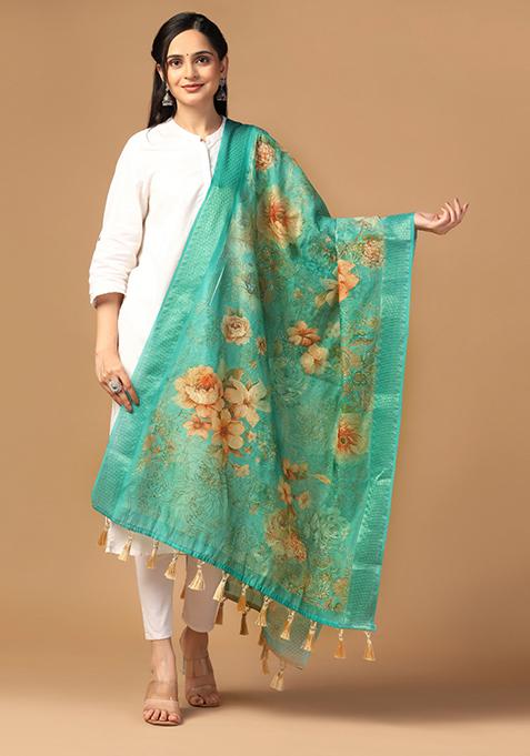 Firozi Printed Sequin Embroidered Chanderi Silk Dupatta