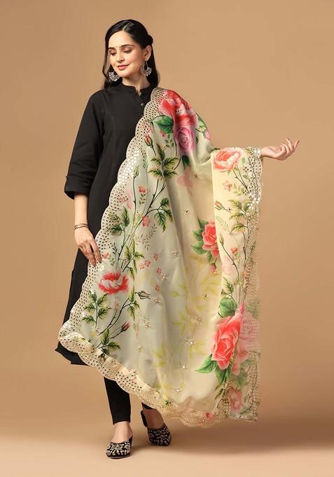 Yellow Printed Sequin Embroidered Organza Dupatta