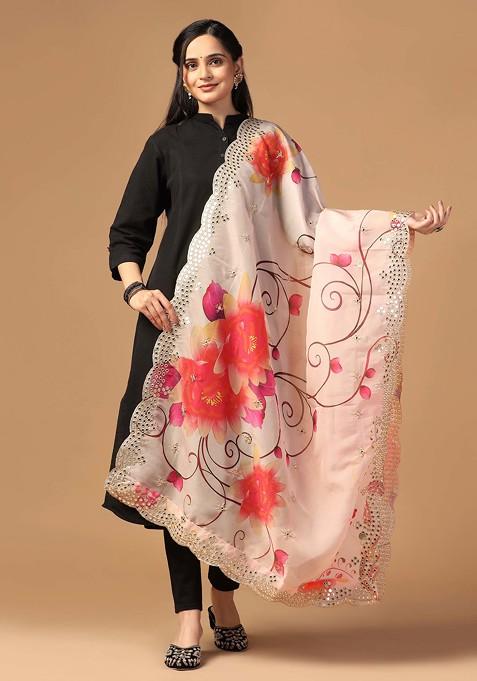 Peach Printed Sequin Embroidered Organza Dupatta