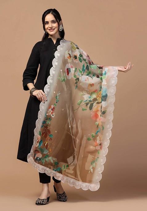 Brown Printed Sequin Embroidered Organza Silk Dupatta