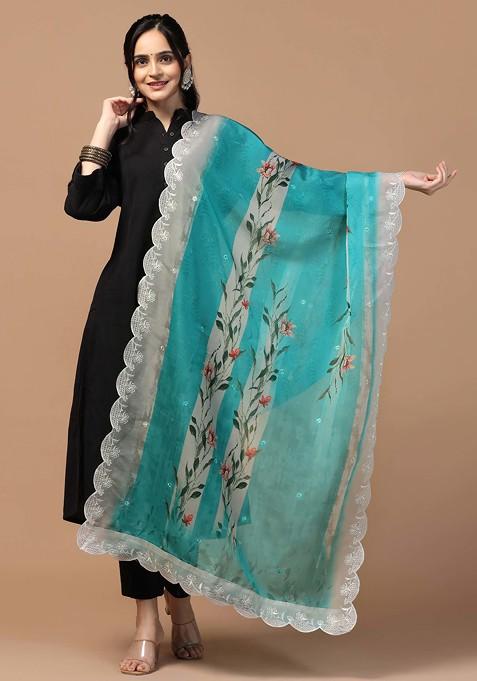 Teal Printed Sequin Embroidered Organza Silk Dupatta