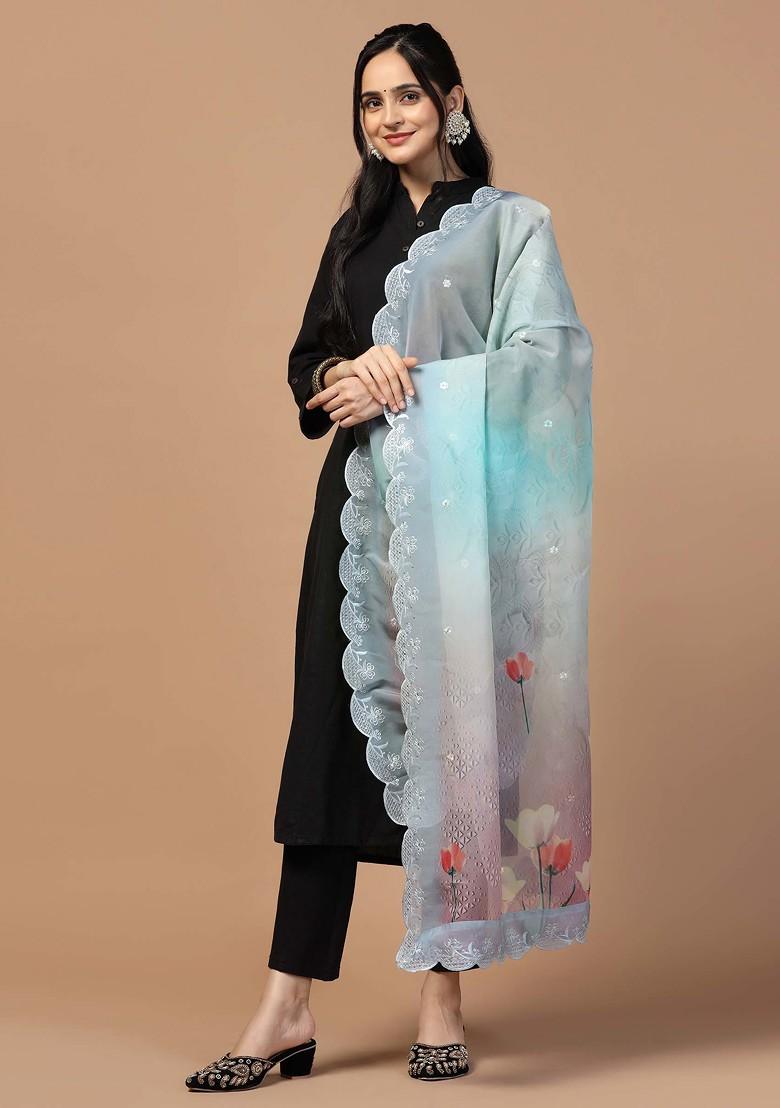 Grey Printed Sequin Embroidered Organza Silk Dupatta - Indya