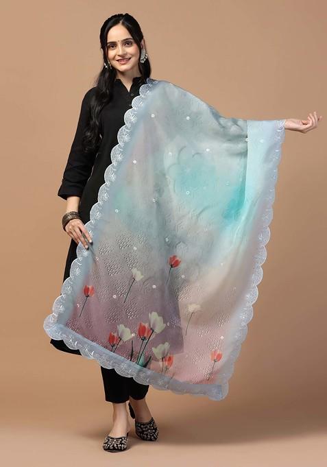 Grey Printed Sequin Embroidered Organza Silk Dupatta