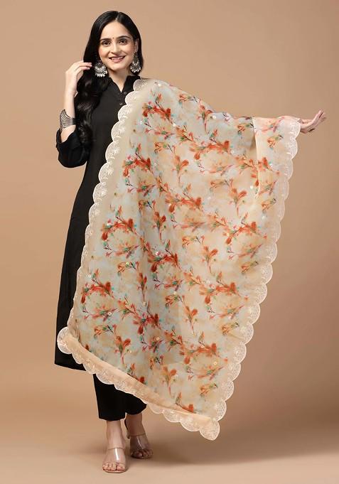 Cream Printed Sequin Embroidered Organza Silk Dupatta