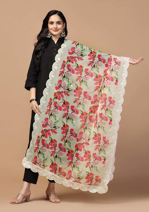 Red Printed Sequin Embroidered Organza Silk Dupatta