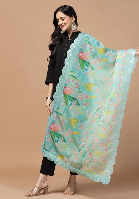 Sky Printed Sequin Embroidered Organza Silk Dupatta