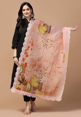 Peach Printed Sequin Embroidered Organza Silk Dupatta