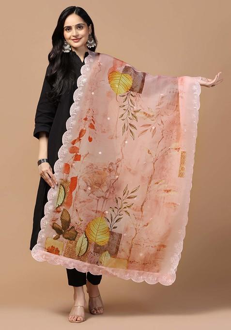 Peach Printed Sequin Embroidered Organza Silk Dupatta