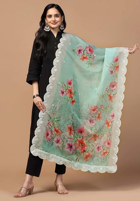 Aqua Printed Sequin Embroidered Organza Silk Dupatta