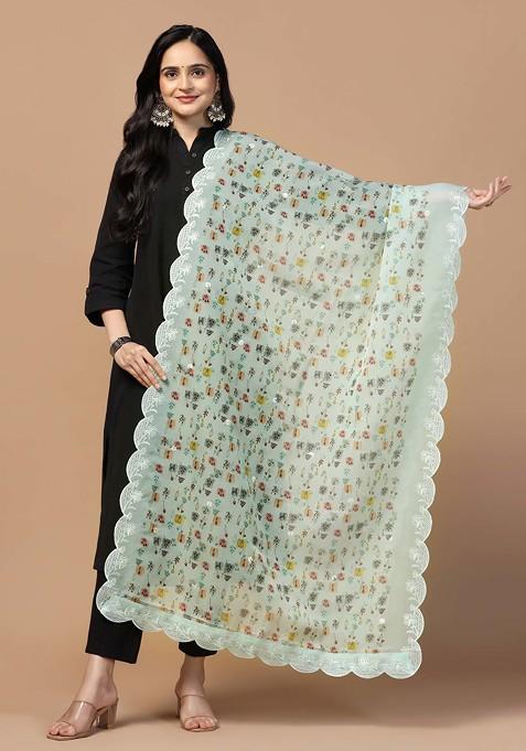 Sky Blue Printed Sequin Embroidered Organza Silk Dupatta