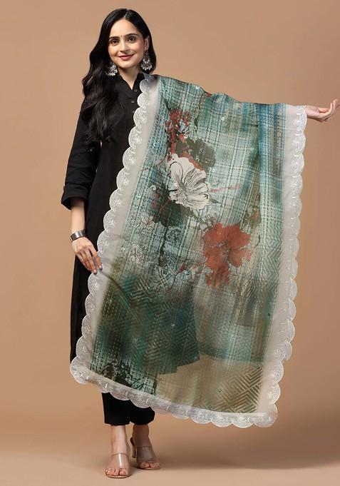 Green Printed Sequin Embroidered Organza Silk Dupatta