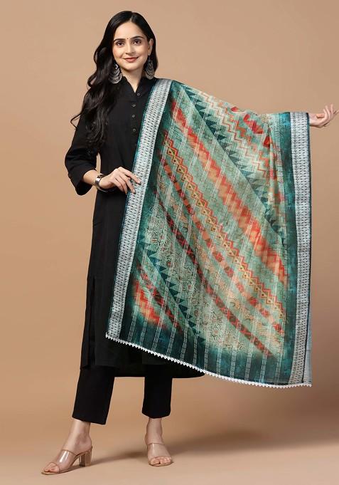 Multicolour Crochet Digital Ethnic Motif Print Cotton Chanderi Dupatta