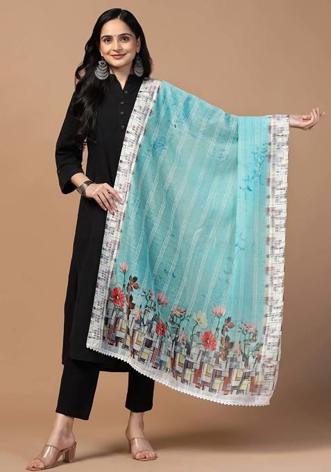 Sky Blue Crochet Digital Ethnic Motif Print Cotton Chanderi Dupatta