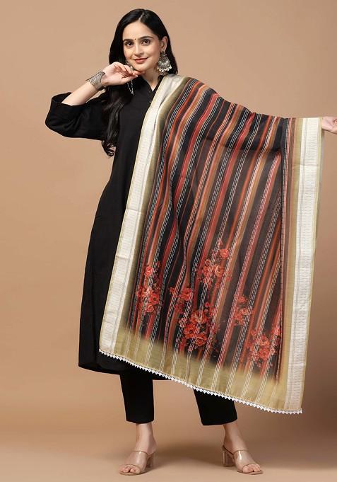 Black Crochet Digital Ethnic Motif Print Cotton Chanderi Dupatta