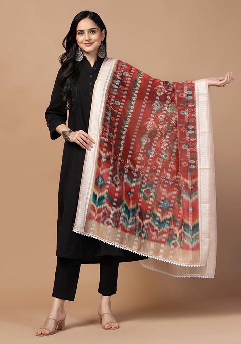 Red Crochet Digital Ethnic Motif Print Cotton Chanderi Dupatta