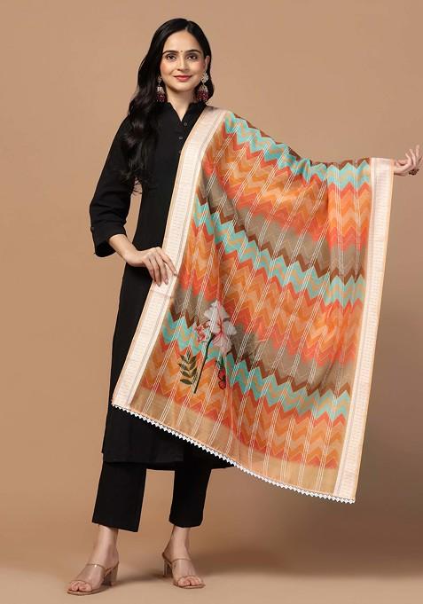 Orange Crochet Digital Ethnic Motif Print Cotton Chanderi Dupatta