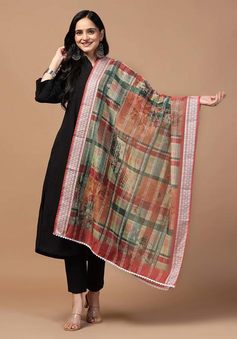 Marron Crochet Digital Ethnic Motif Print Cotton Chanderi Dupatta