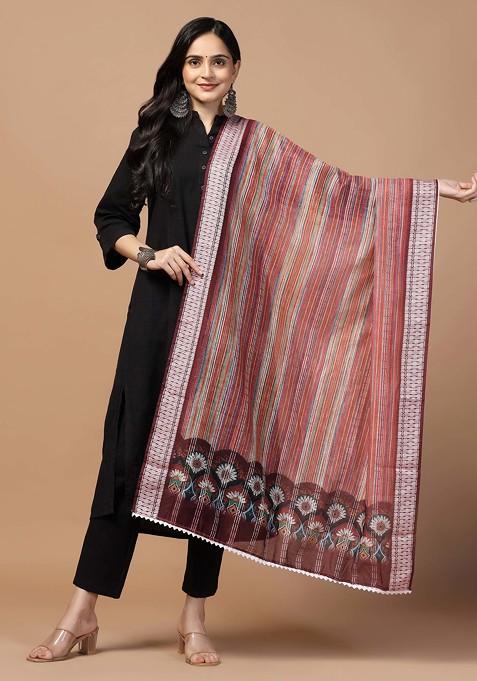 Marron Crochet Digital Ethnic Motif Print Cotton Chanderi Dupatta