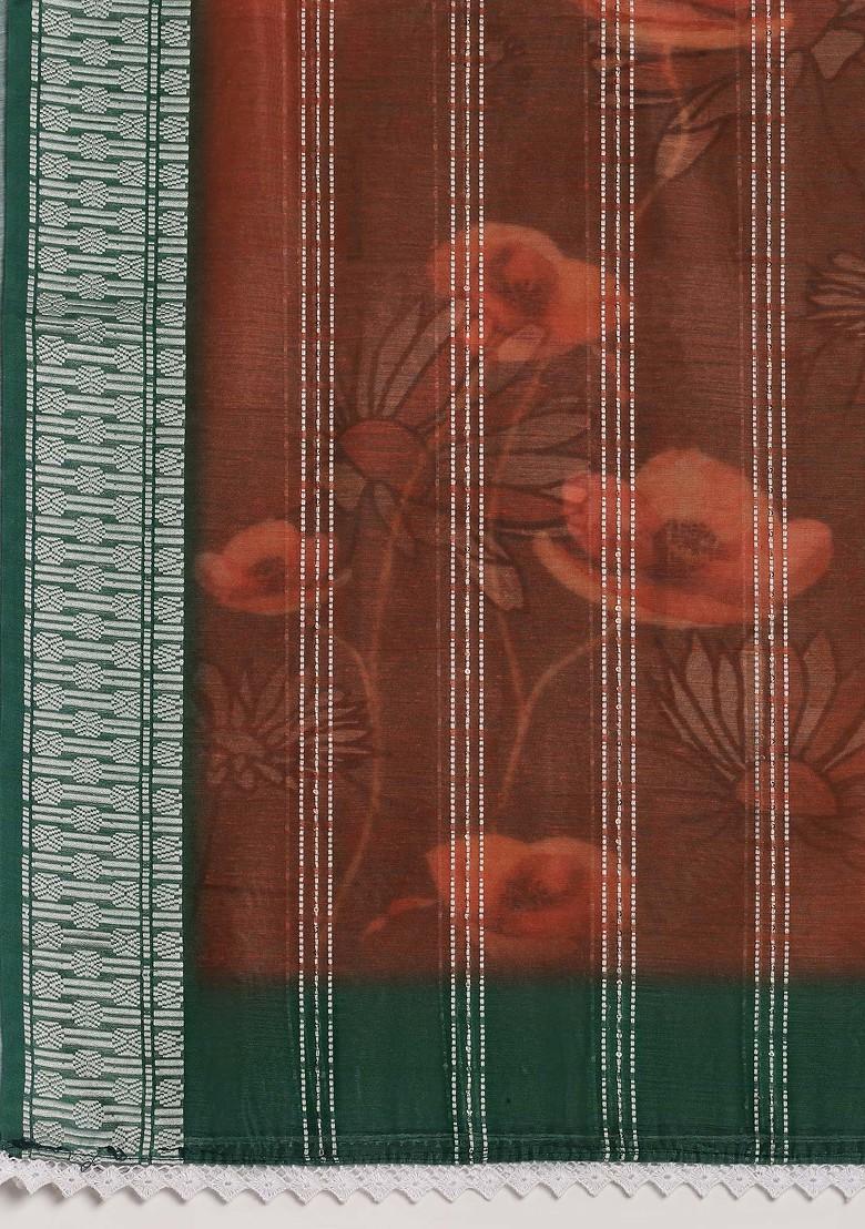 Green Crochet Digital Ethnic Motif Print Cotton Chanderi Dupatta - Indya