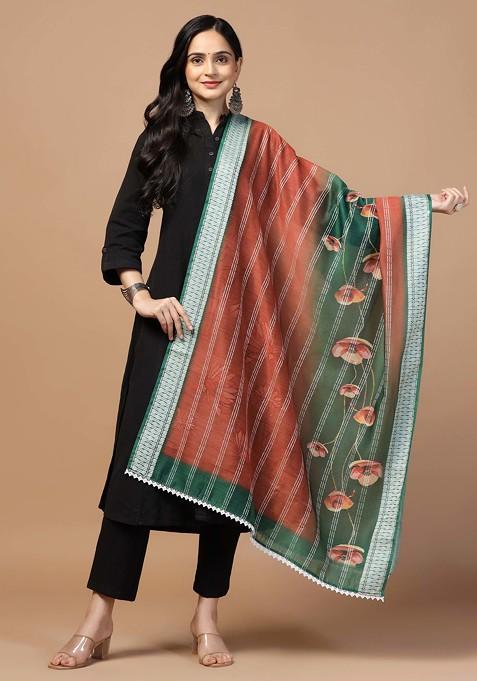 Green Crochet Digital Ethnic Motif Print Cotton Chanderi Dupatta