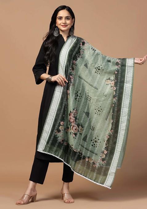 Grey Crochet Digital Ethnic Motif Print Cotton Chanderi Dupatta