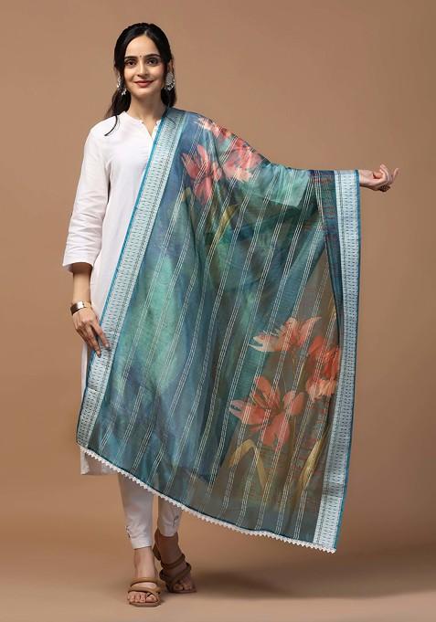 Teal Crochet Digital Ethnic Motif Print Organza Khadi Dupatta