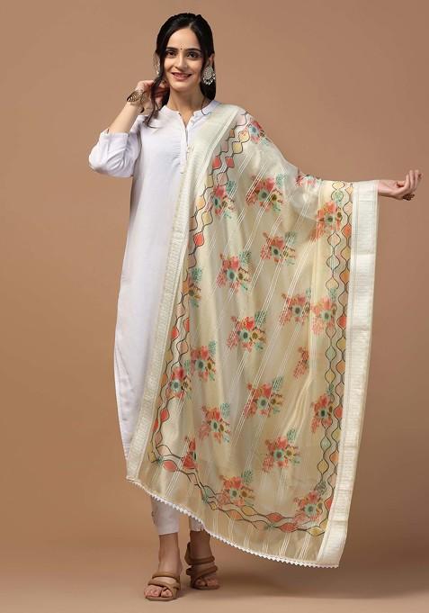 Cream Crochet Digital Ethnic Motif Print Organza Khadi Dupatta