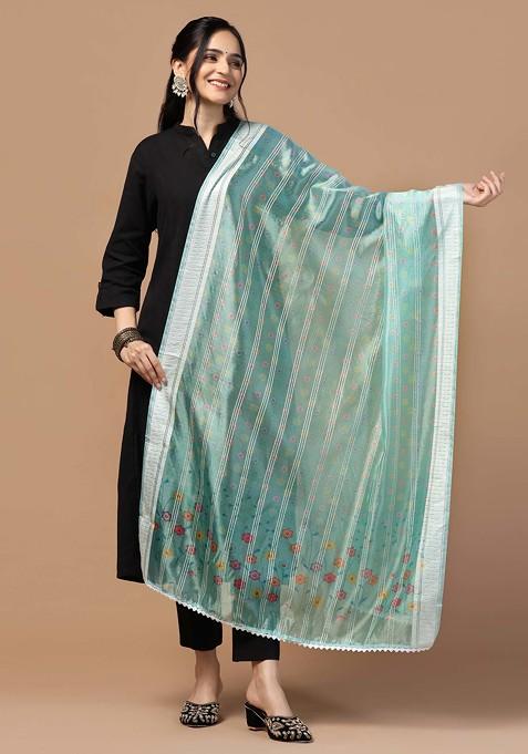 Sky Blue Crochet Digital Ethnic Motif Print Organza Khadi Dupatta