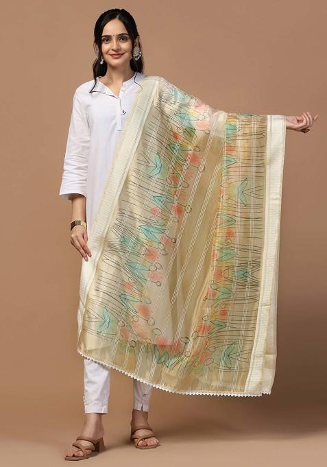 Yellow Crochet Digital Ethnic Motif Print Organza Khadi Dupatta