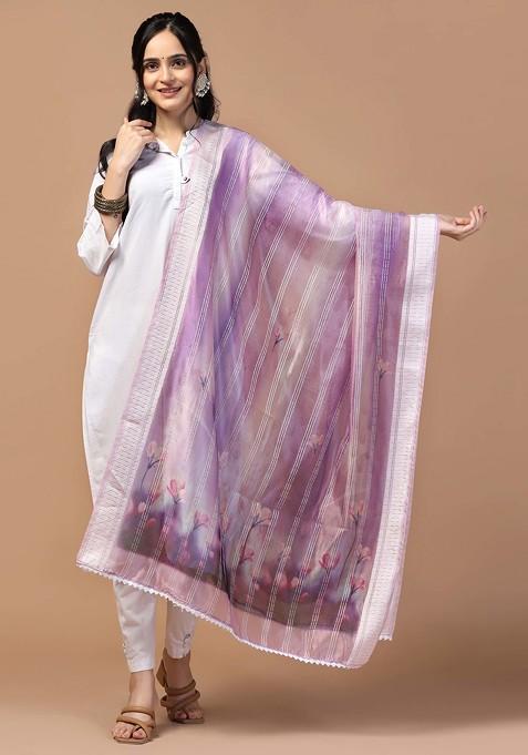 Violet Crochet Digital Ethnic Motif Print Organza Khadi Dupatta