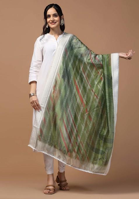 Green Crochet Digital Ethnic Motif Print Organza Khadi Dupatta