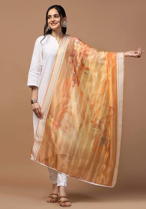 Orange Crochet Digital Ethnic Motif Print Organza Khadi Dupatta