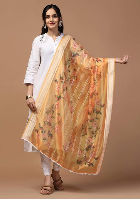 Orange Crochet Digital Ethnic Motif Print Organza Khadi Dupatta