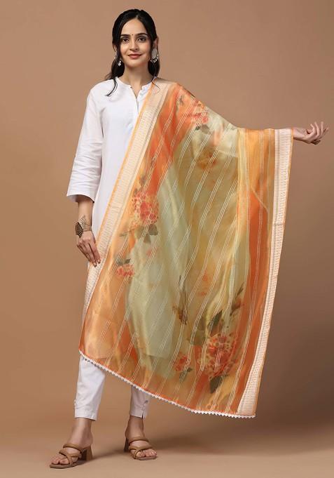 Orange Crochet Digital Ethnic Motif Print Organza Khadi Dupatta