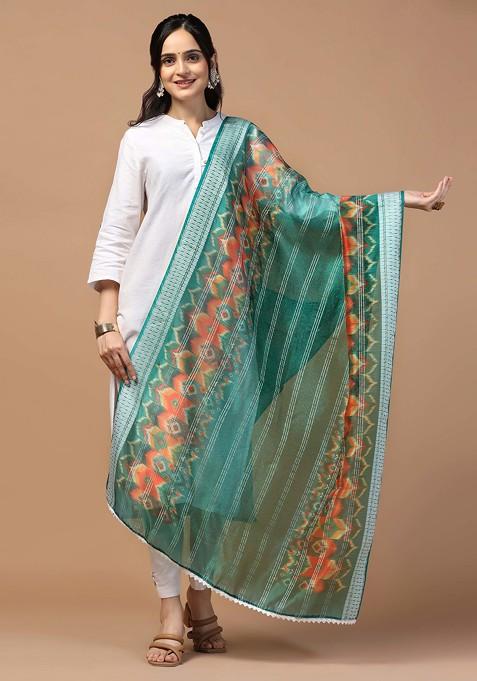 Teal Crochet Digital Ethnic Motif Print Organza Khadi Dupatta