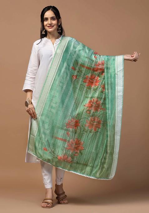 Green Crochet Digital Ethnic Motif Print Organza Khadi Dupatta