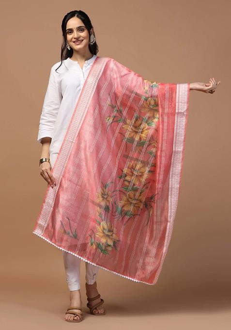 Pink Crochet Digital Ethnic Motif Print Organza Khadi Dupatta