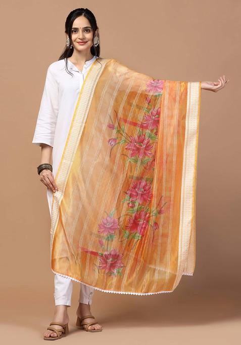 Orange Crochet Digital Ethnic Motif Print Organza Khadi Dupatta