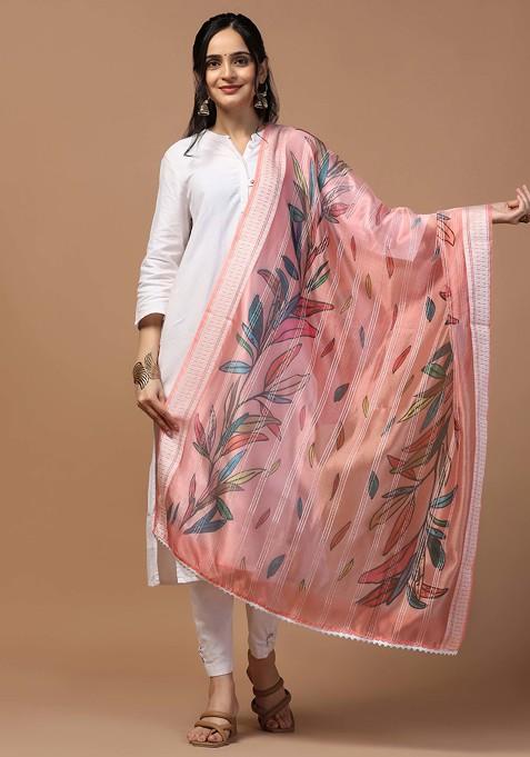 Pink Crochet Digital Ethnic Motif Print Organza Khadi Dupatta