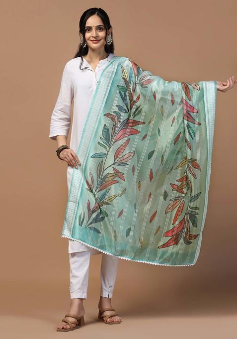 Sky Blue Crochet Digital Ethnic Motif Print Organza Khadi Dupatta