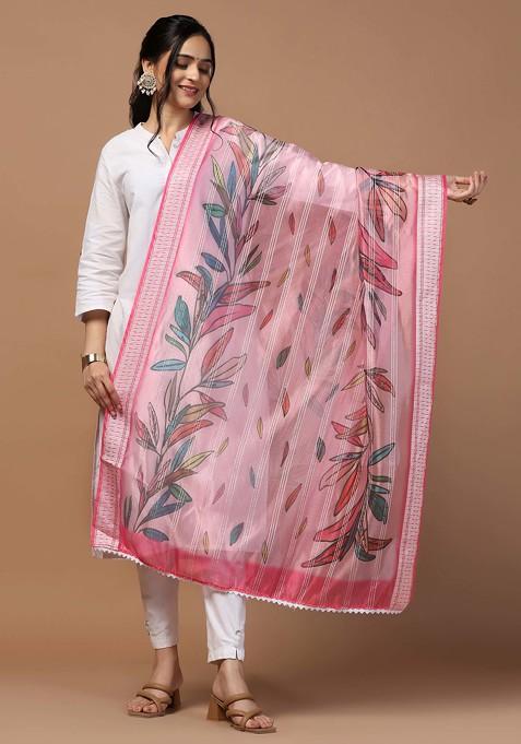 Pink Crochet Digital Ethnic Motif Print Organza Khadi Dupatta