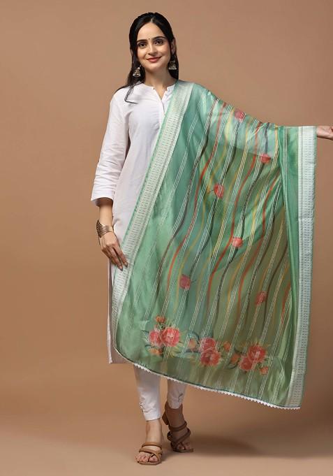 Pista Green Crochet Digital Ethnic Motif Print Organza Khadi Dupatta