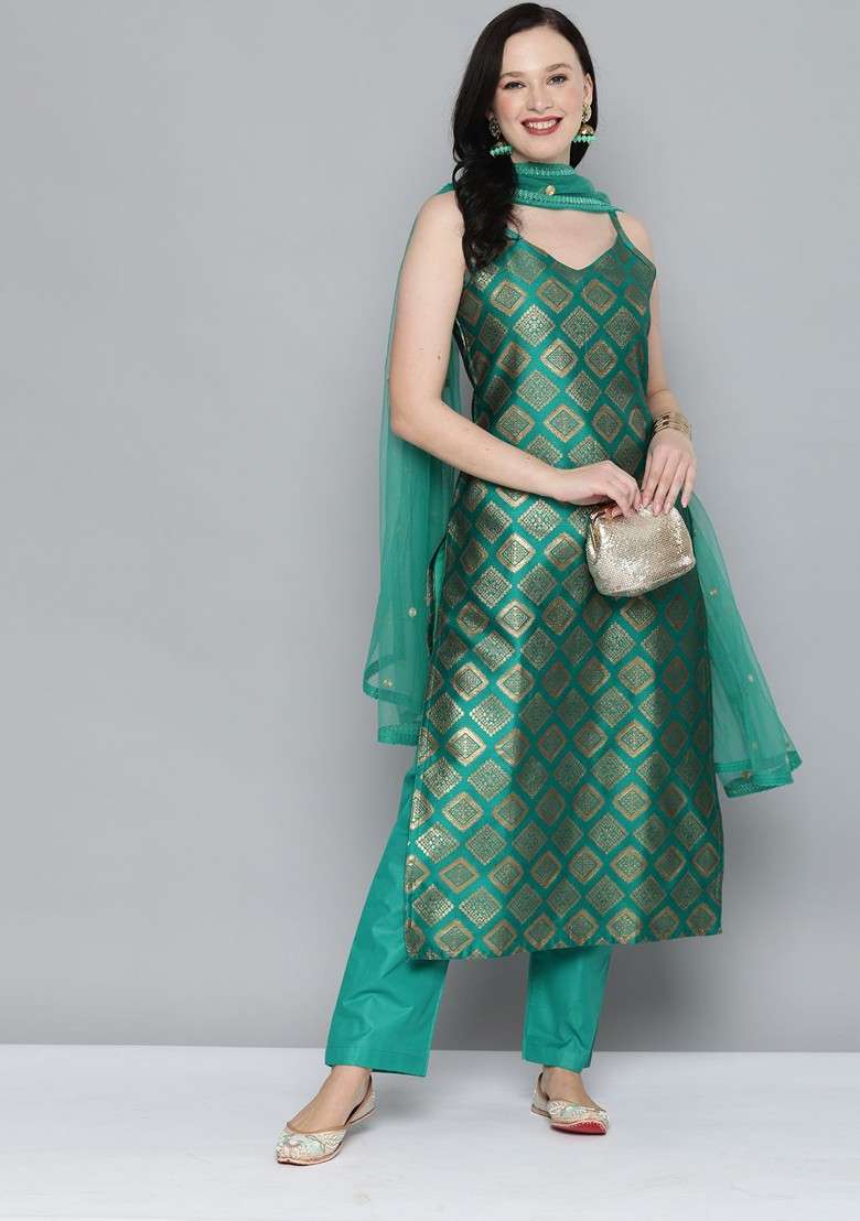 Green Ethnic Motifs Embroidered Dupatta - Indya