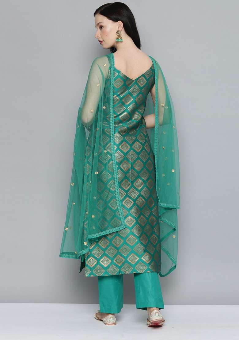 Green Ethnic Motifs Embroidered Dupatta - Indya