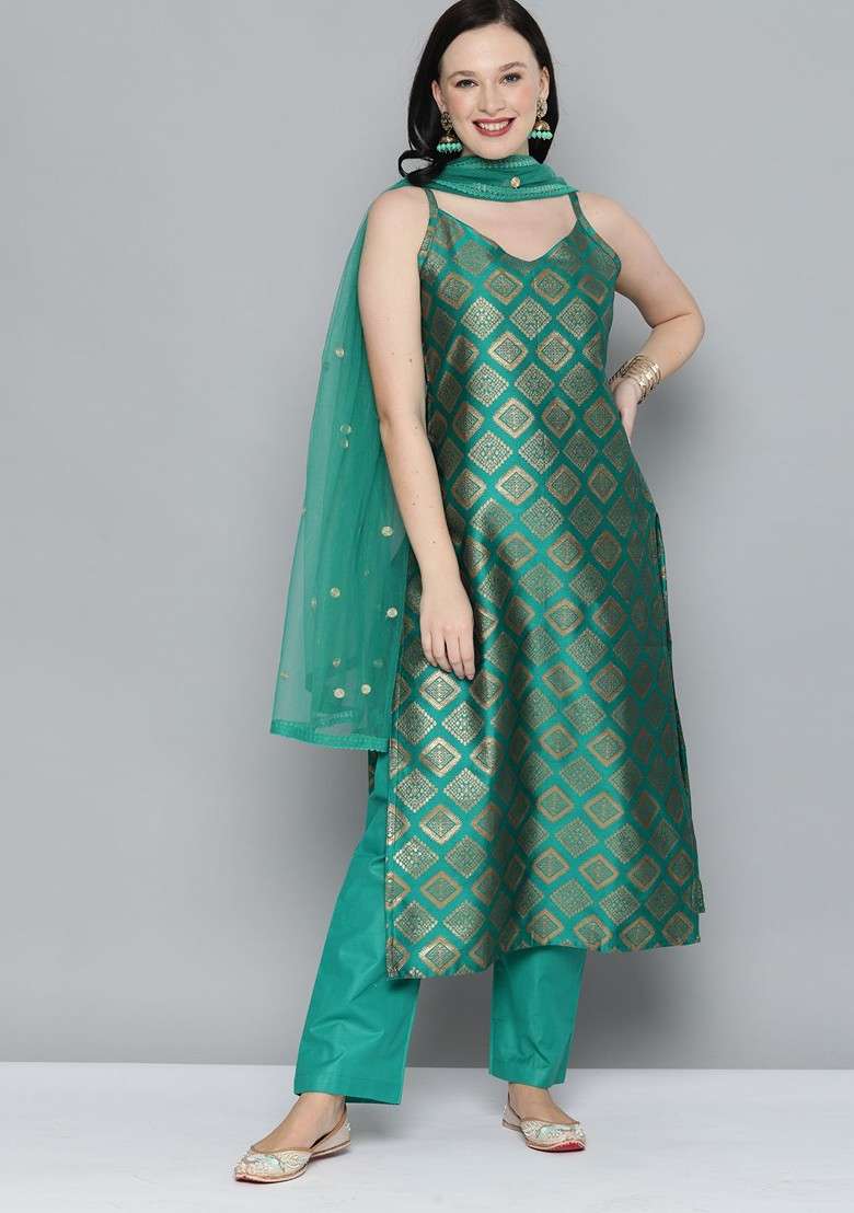 Green Ethnic Motifs Embroidered Dupatta - Indya