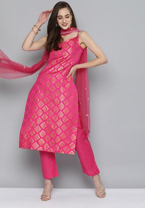 Pink Ethnic Motifs Embroidered Dupatta